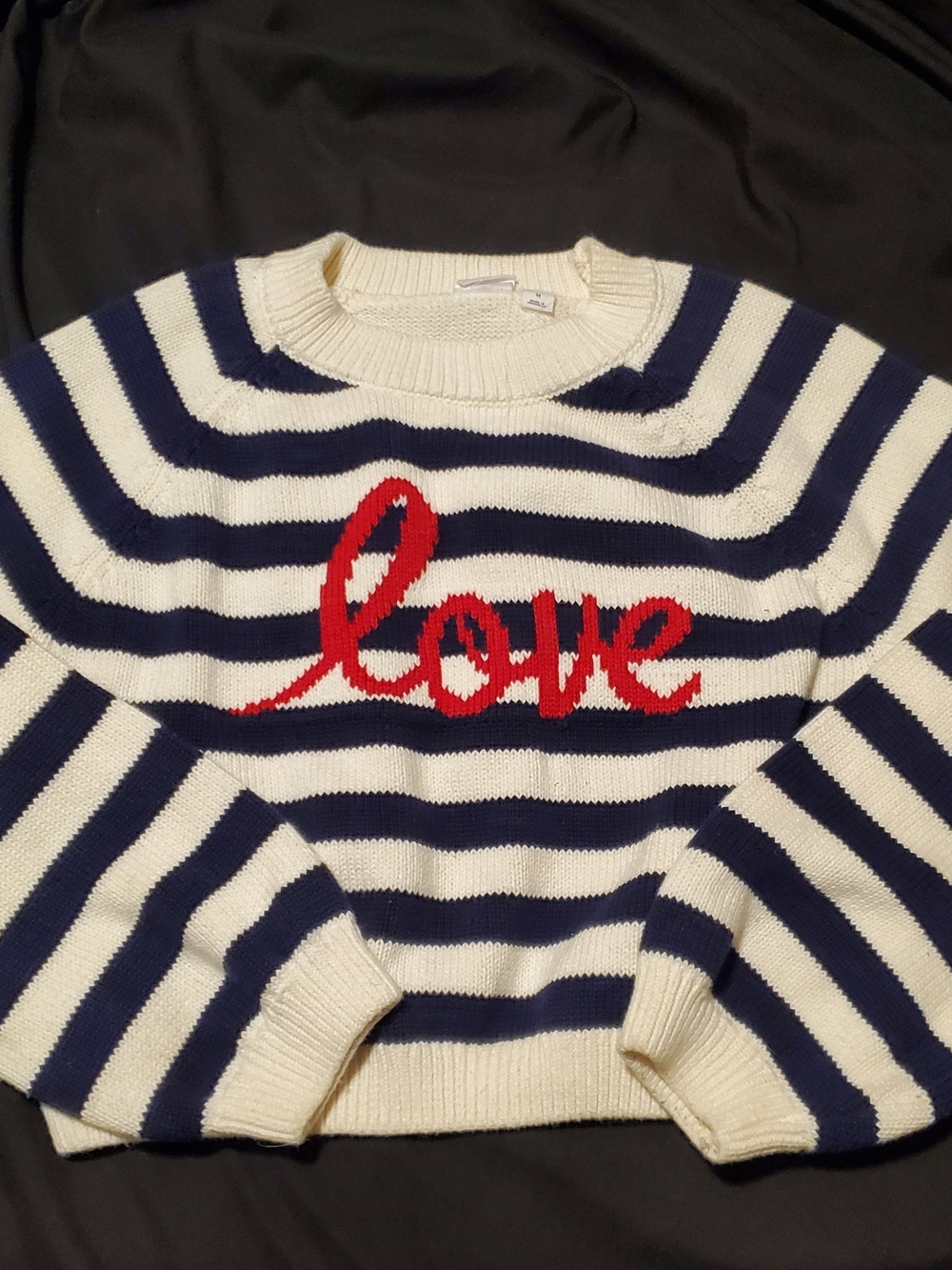 GAP Navy & White Striped Crewneck Sweater with Red "love" Script